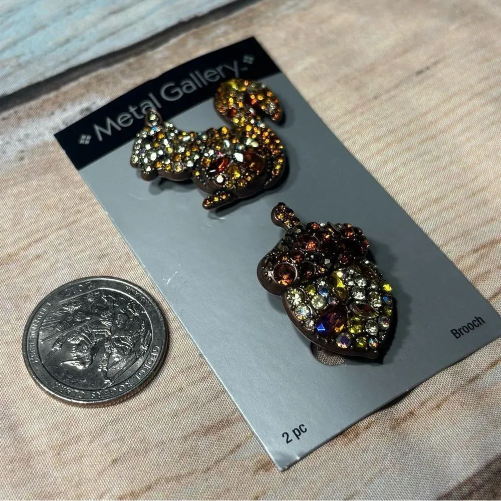 New! Metal Gallery Squirrel & Acorn Rhinestone Brooches NWT